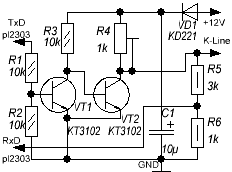 K line com. Схема k-line адаптера на 2 транзисторах. K-line адаптер на двух транзисторах. USB K-line адаптер на транзисторах. K line адаптер на 2 транзисторах своими руками.